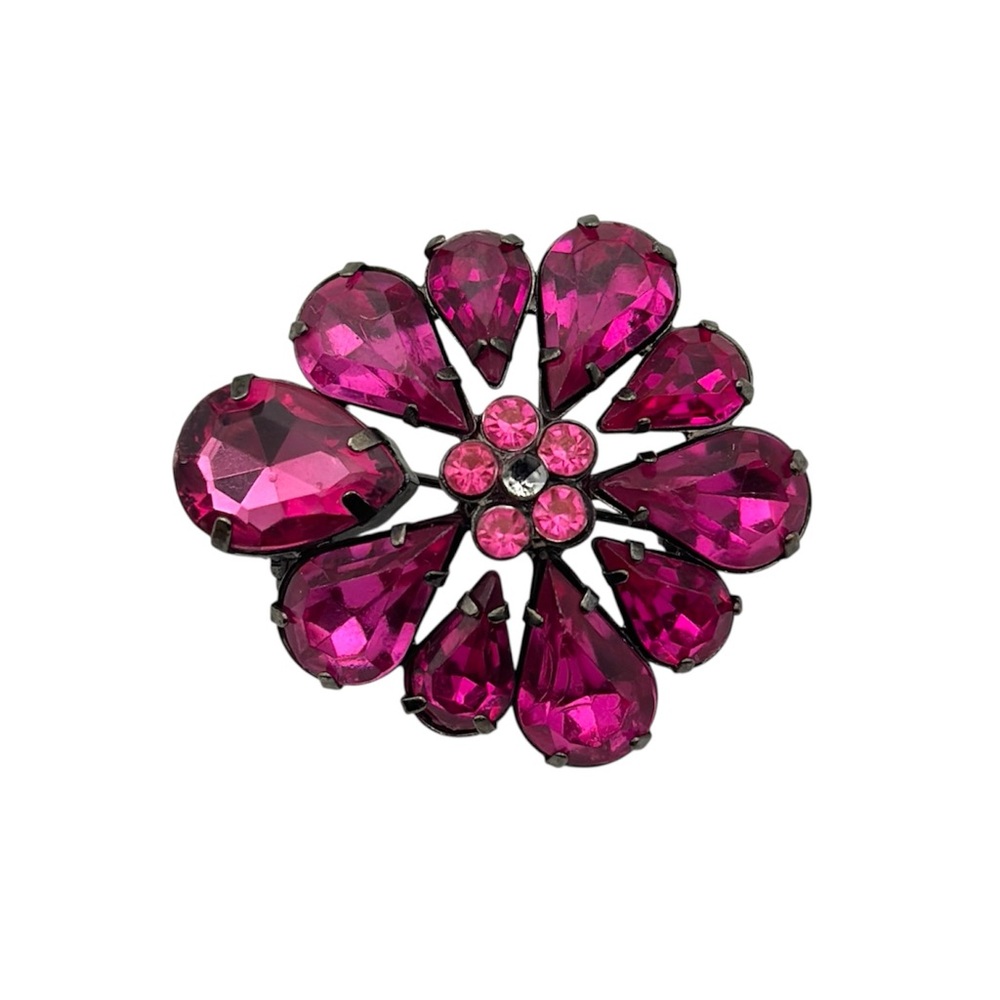 Vintage Fuchsia Pink Rhinestone Flower Brooch Prong Set Floral Pin